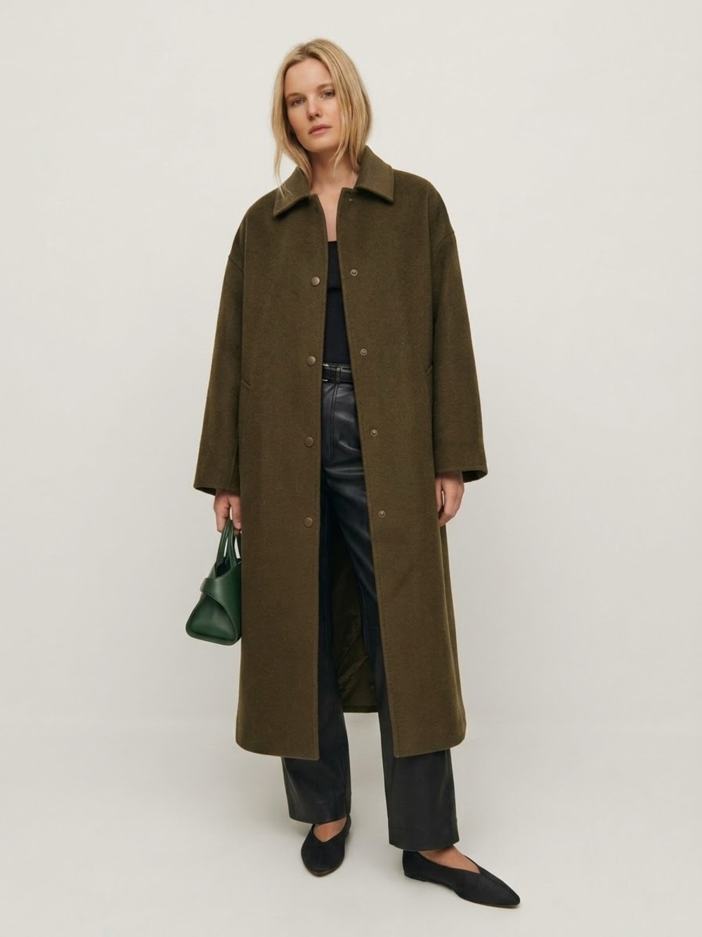 Zara Olive Green double faced Long Wool-Blend Coat